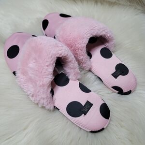 Victoria's Secret Signature Pink Black Dot Satin Slippers Size M Coquette Glam